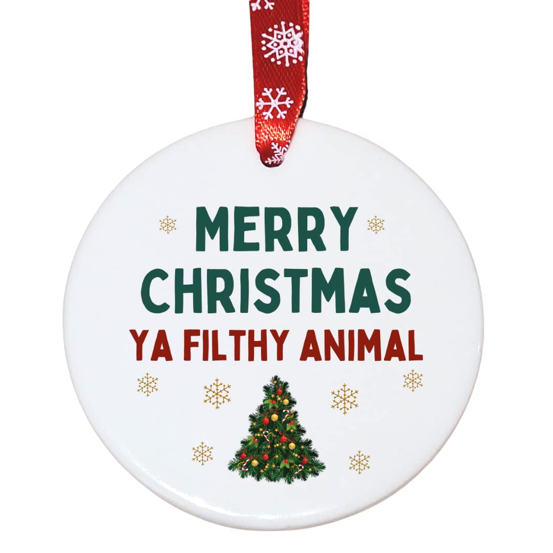 Second Ave Merry Christmas Ya Filthy Animal White Ceramic Hanging Circle Christmas Xmas Tree Decoration Bauble