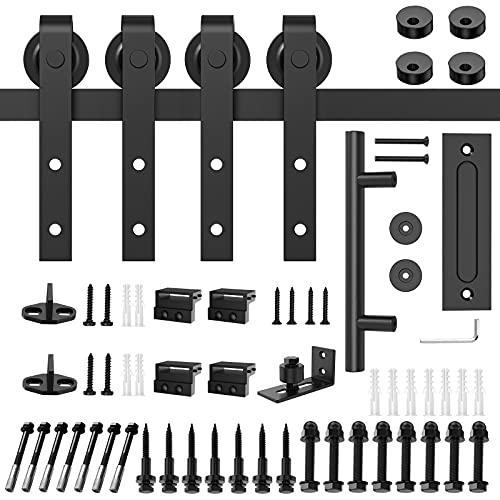 Homlxclx 12Ft Heavy Duty Sturdy Sliding Barn Door Hardware Kit Double Door Whole Set Include 2X Round Door Handle, 2X Floor Guide - Fit 1 3/8-1 3/4" Thickness Door Panel(Black) #TOP5
