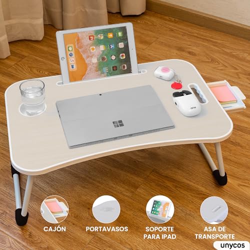 unycos - Bandeja para Cama, Mesa Plegable de Desayuno, Ideal para Portátil, Ordenador y Libros, Ergonómica, Mesa Auxiliar con Atril para Leer en la Cama 60x40x26 cm (Blanco Hueso con Cajón) - imagen 2