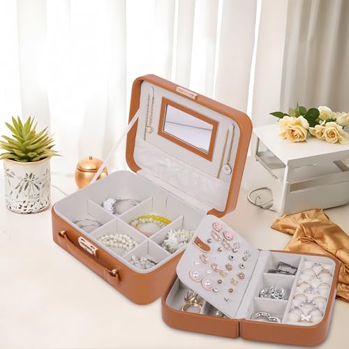 Image of BucketList PU Leather Jewellery Organizer Box with Mirror & Necklace Hooks | Large Multi-Compartment Storage Case with Removable Tray & Mini Travel Box (Luxury Jewelry Box with Mirror (Caramel))