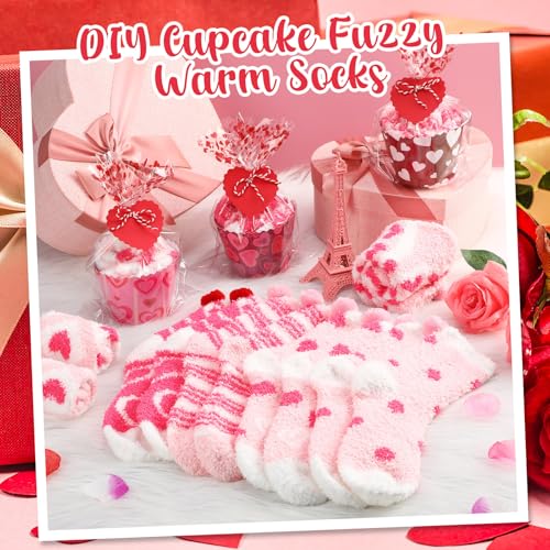Image of 6 Pairs Valentine's Day Cupcake Socks Fuzzy Sock with Cupcake Card DIY Gift Slipper Stockings for Winter Women Men