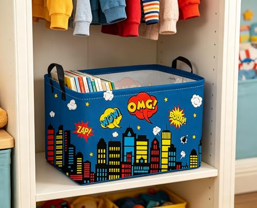 Image of Sanjiaofeng Rectangular Blue City Hero Skyline Basket,Baby Storage Bins with Handles,Comics Hero Kid Basket,Building Silhouettes Storage Bin,Room Decor(Building)