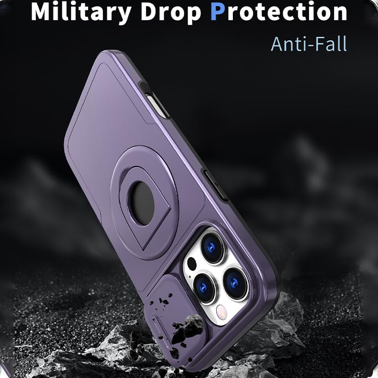 Image of LuxuryKase MagSafe Shockproof Rugged Back Case for iPhone 16 Pro | Finger Ring Kickstand & Sliding Camera Cover | Military Drop Protection | Wireless Charging Support - Purple