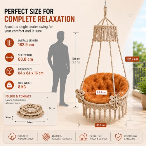 Image of Premium King Size Hammock Chair Swing with Cushion, 200kg Capacity | Indoor Outdoor Heavy Duty Adults & Kids Hanging Jhula for Home, Garden, Patio & Balcony | 1 Year Warranty (Beige)