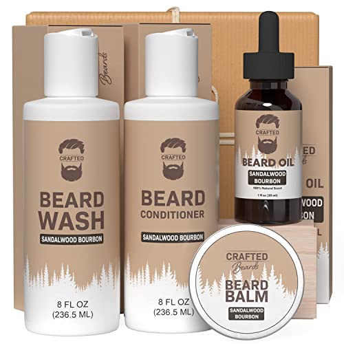 Crafted Beards Luxury Beard Grooming Kit - Beard Care Kit - Large 8Oz Beard Wash / Beard Conditioner - 1Oz Beard Oil - 2Oz Beard Balm - Best Gift For Men (Sandalwood Bourbon) #TOP17