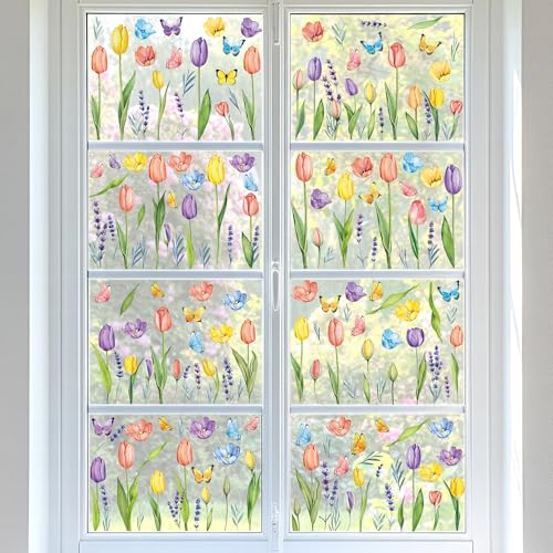 Image of 210PCS Spring Window Clings, 9 Sheet Spring Window Clings for Glass Windows with Tulip Flowers Butterfly, Double-Side Decals Stickers Decorations for Home Office Decor