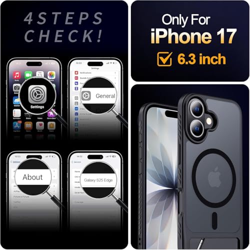 Image of Elzzi Translucent Matte Kickstand Compatible with Mag-Safe Case for iPhone 17, Built-in Adjustable Camera Stand, Magnetic Mag-Safe Shockproof Phone Cover (Black)