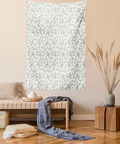 Lunarable Eucalyptus Tapestry Twin Size, Monochrome Foliage Pattern Tropical Leaves Aromatherapy Theme, Wall Hanging Bedspread Bed Cover Wall Decor, Twin Size, Green White