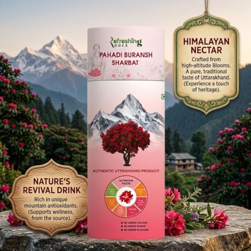 Image of REFRESHING ROOTS Uttarakhand Premium Buransh (Rhododendron) Squash, 500 ML Glass Bottle | Cold Pressed | Natural Health Drink | Added Honey | No Artificial Flavors | Rich in Antioxidants