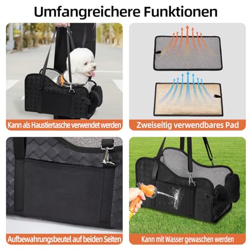 GGW Auto-Hundesitz für Kleine Hunde & Katzen | Sicherer Hunde-Sitz mit Doppelter Befestigung, Wasserdicht, Seitentaschen & Schnellmontage (Passt zu 99% Mittelarmlehnen) (Leder-Schwarz, Normaler Stil)