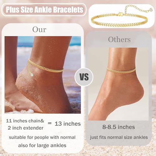 Image of Plus Size Gold Ankle Bracelets for Women Big Ankles, Adjustable Ankle 14K Real Gold Plated Cuban Link Chain Figaro Snake Herringbone Extra Large Anklet Bracelets,Summer Beach Foot Jewelry 10-12inch