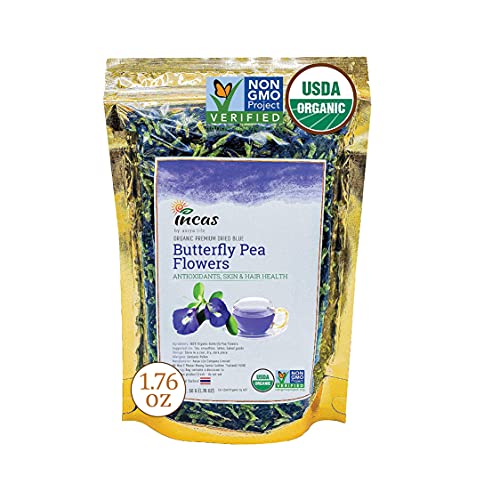 Incas 100% USDA Organic Butterfly Pea Flower Tea 1.76 oz (50 g) Non GMO Verified Dried Butterfly Pea Flowers Caffeine Free Gluten Free Vegan Rich in Antioxidants Sourced from Thailand Free eBook