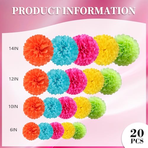 Image of 20 PCS Tissue Paper Pom Poms, Tissue Pom Poms Flowers, Sizes of 6 inch, 10 inch, 12 inch, 14 inch Hanging Paper Flower Ball for Wedding, Birthday, Easter, Graduation Party Decor (Colorful)