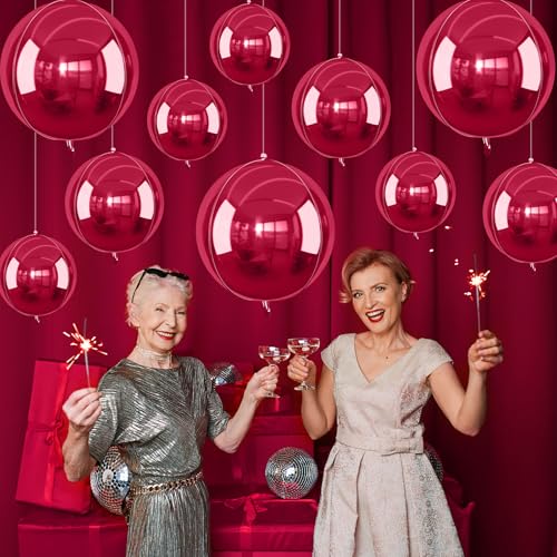 Image of 12PCS Burgundy Red Round Foil Balloons 22 inch 15 inch 10 inch Large Mylar Balloons | Metallic Maroon Red 4D Ball Balloons for Birthday Party, Graduation, Wedding, Christmas, New Year, Disco Prom Party Decor