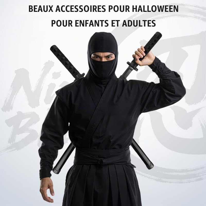 Ensemble de Sabres Ninja en Bois avec étui Dorsal – Étui à Armes Ajustable avec Deux katanas pour Costumes de Cosplay, Halloween et Carnaval