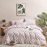 Houseri White and Pink Duvet Cover Queen Plaid Baby Pink Checkerboard Bedding Sets Queen Size Girls Women Elegant Light Pink Grid Buffalo Checkered Bedding Duvet Full Pink Grid Comforter Cover Queen