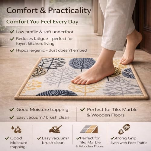 Image of Matz & More Nylon Tufted Gel Baking Anti-Slip Floor Mat | 40 x 60 cm | Beige & Yellow Floral Design | Doormat for Home Entrance, Kitchen & Bedroom