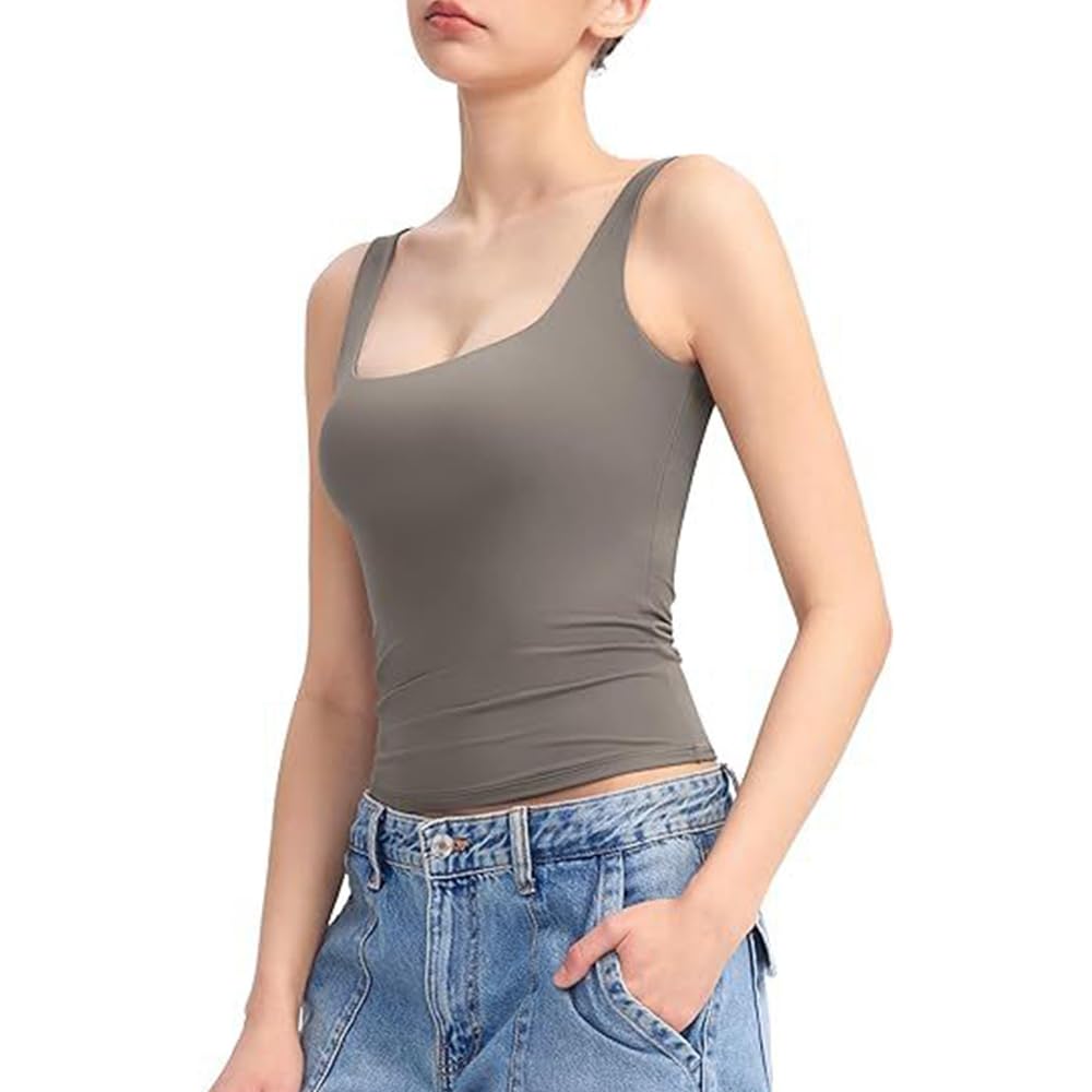 VPVLVZN Womens Square Neck Tank Top Sleeveless Double Lined Basic Cropped Tank Tops Knit Ribbed Tank (Grey,X-Large)
