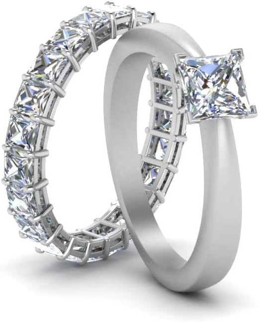 Choose Your Gemstone Tapered Solitaire Princess Cut Eternity Set Sterling Silver Princess Shape Wedding Ring Sets Matching Jewelry Wedding Jewelry Easy to Wear Gifts US Size 4 to 12
