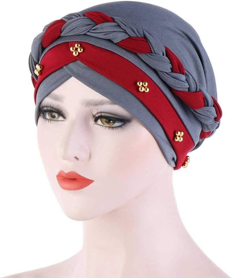 HBJWOV Two-Color Beaded Braid Hijab Caps Spring and Autumn Muslim Wrap Turban Cap Fashion Cotton Inner Hijabs Bonnet Ready to Wear(D)