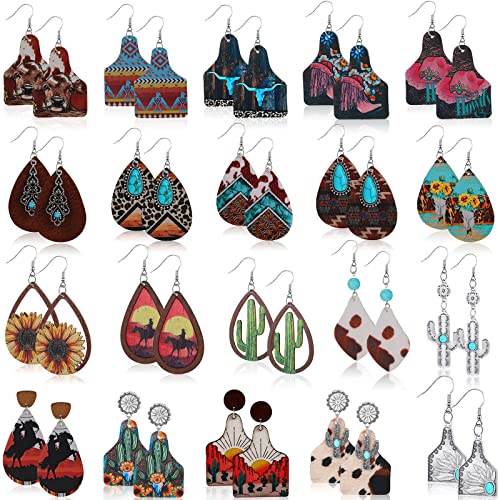 20 Pairs Western Earrings Jewelry for Women Cowgirl Cowboy Boho Vintage Handmade Cow Print Leather Wood Turquoise Teardrop Dangle Earrings Bulk Bohemian