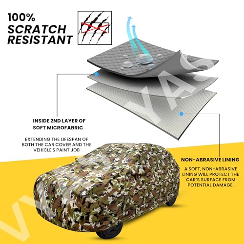 Image of VYAS 100% Waterproof Car Body Cover for Tata Manza (2009-2015) with Mirror Pocket Triple Stitched Belt & Buckle Fitting Dual Elastic, Durable Material Jungle Print Camouflage Design