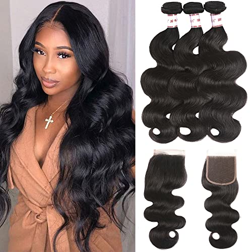 Bundles with Closure Brazilian Body Wave 3 Bundles with Closure Virgin 100% Unprocessed Human Hair Extensions 4x4 Free Part Lace Closure Natural Color (20 22 24+18)