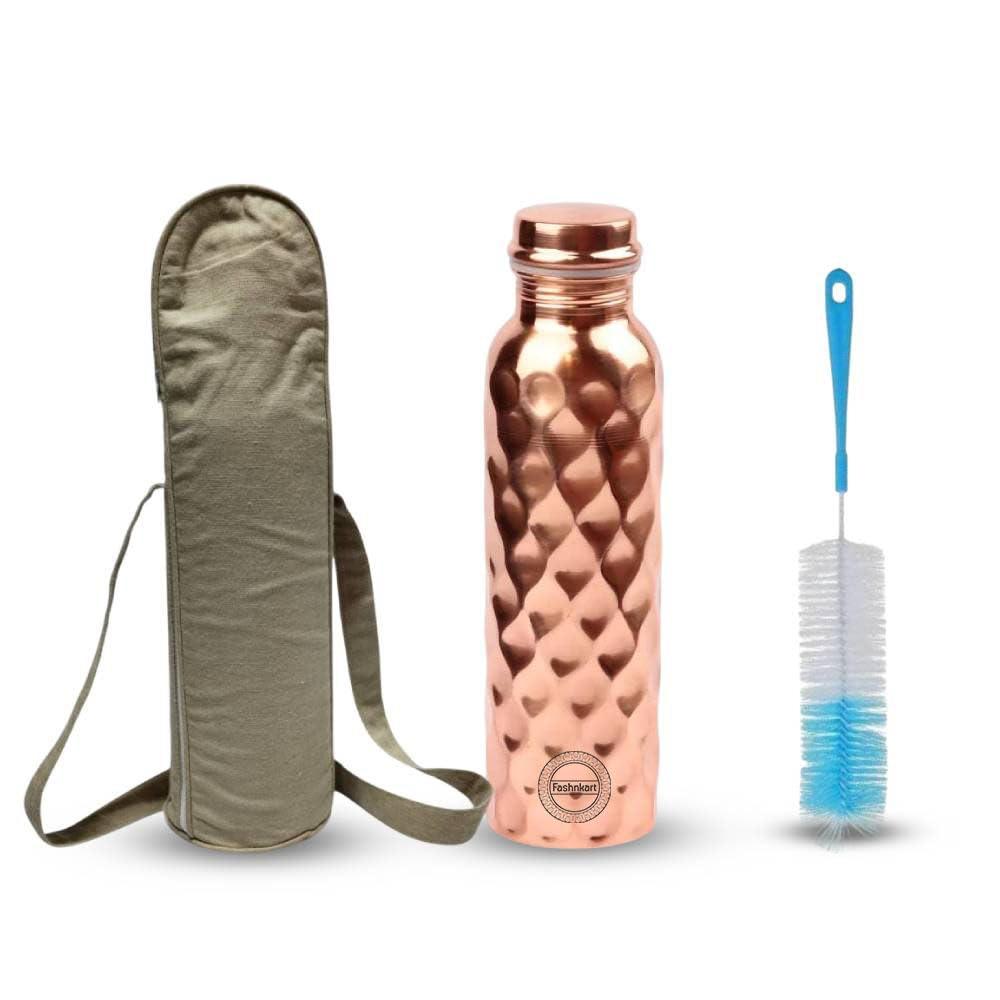 Fashnkart Copper Water Bottle Diamond Regular Pure Copper Bottle Yoga Water Bottle Ayurveda Health Benefits Leak Proof 1000 ML With Bag & Brush