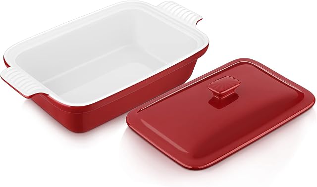 vancasso Blossom Glaze Casserole Dish with Lid, Stoneware Heritage Covered Rectangular Casserole, 1.6 Quart Ceramic Casserole Pan for Bakeware Oven, Red