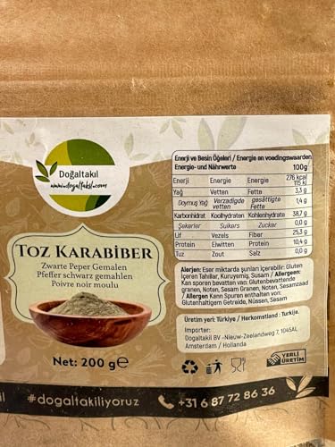 DOĞALTAKIL Schwarzer Pfeffer, Hochwertiger Gemahlener Schwarzer Pfeffer Entfesseln Sie den intensiven Geschmack mit dem exquisiten Türkisch Pfeffer(200gr)
