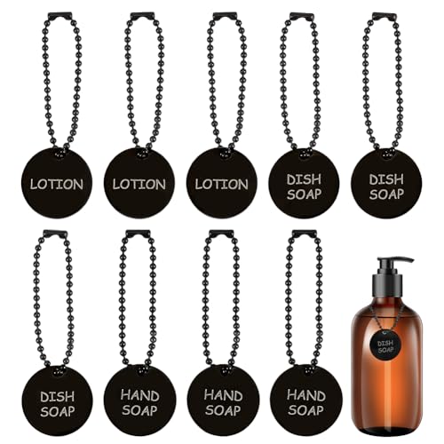 OLYCRAFT 9Pcs 3 Styles Black Soap and Lotion Label Tags Stainless Steel Soap Dispenser Labels Hand-soap Label Bottle Labels Hanging Tag Chains for Bathroom Dispensers Kitchen Mason Jar Decoration