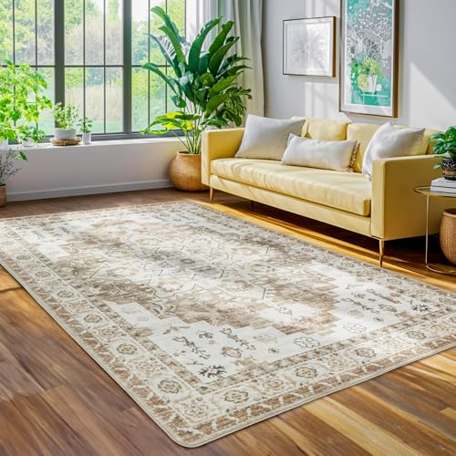 LBRO2M Machine Washable Rug Soft Pet Friendly Carpet 4X6 Cream