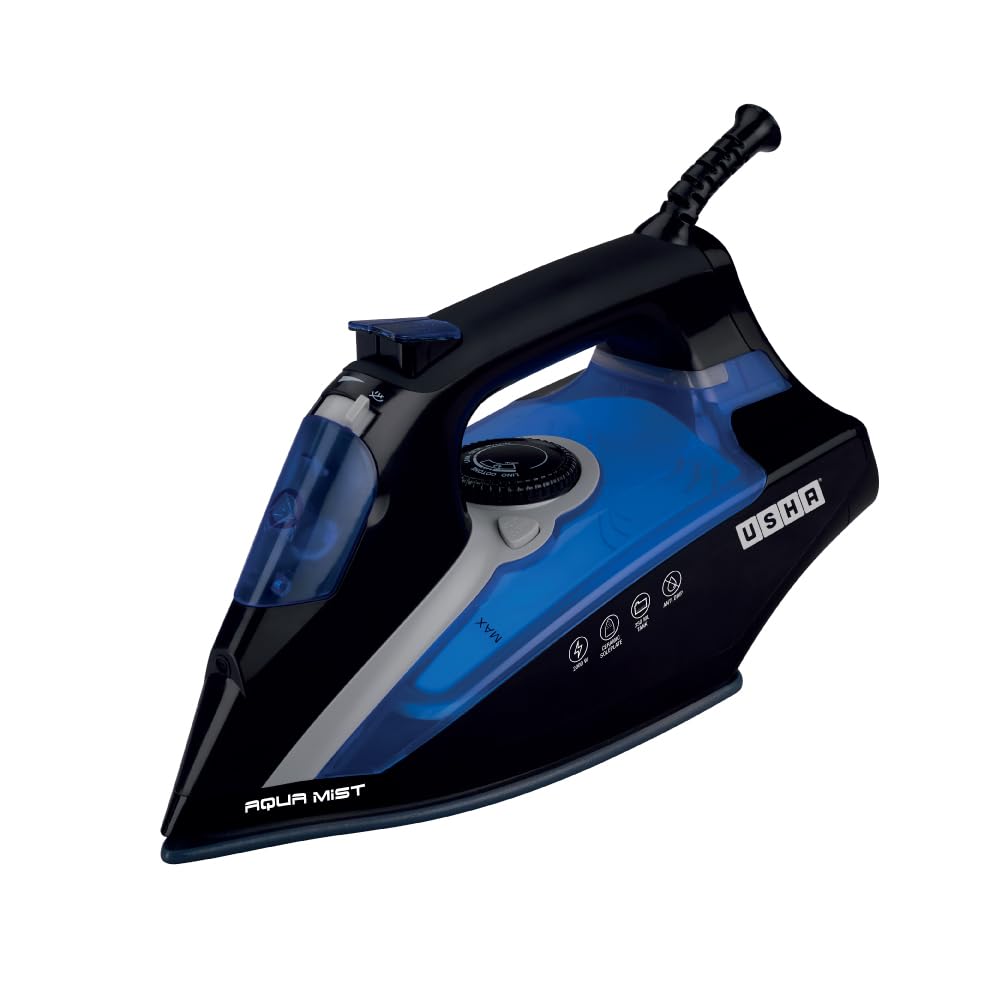 USHA Aqua Mist 2000 Watts Steam Iron | Ceramic Soleplate |Powerful Steam Output upto 20gm/min | 350 ml Water Tank Capacity | Anti Drip Function|Self-Clean | 2 Years Warranty (Black & Blue)-image-44