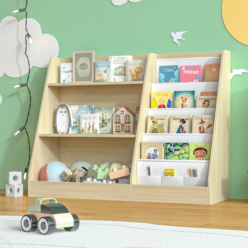 Image of Arbuxzuy Kids Bookshelf and Toy Storage, 3 Tier Wooden Kids Bookcase with Storage, Floor-to-Ceiling Baby Book Organizer with Sling, Children Book Rack for Playroom, Classroom, Nursery, Natural