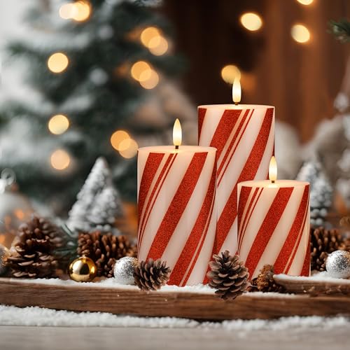 Image of Flameless Pillar Candles with Remote, Battery Operated Red Candy Cane Candles Real Wax, Flat Top Flickering Christmas LED Candle Decorations for Xmas, Home, Party Decor, Set of 3