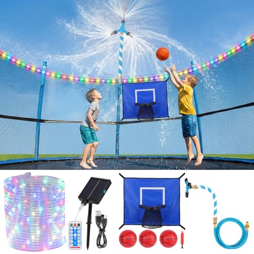 3-in-1 Trampoline Accessories Kit: 360Rotating Water Sprinkler 50FT Solar-Powered LED Lights & Kids Basketball Hoop with 3 Mini Balls / 8 Light Modes Universal Fit for 8-16ft Trampolines