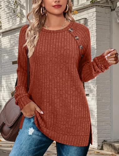 Long Sleeve Shirts for Women Lightweight Button Decor Tunic Tops Side Split