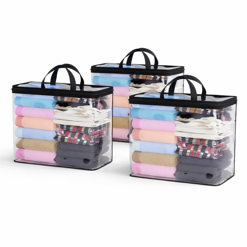 Image of 22L Set of 3 Transparent Storage Bags | Clear PVC Clothes & Wardrobe Organizer with Strong Zipper and Handle | Waterproof & Dustproof Cover for Sarees, Blankets, Baby Clothes & Toys