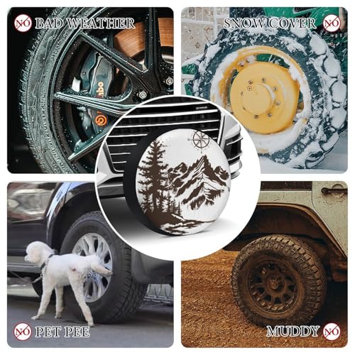 Image of Camper Spare Tire Cover 13 Inch Mountains with A Compass Polyester Universal Spare Wheel Tire Cover Wheel Covers Wildlife Compass Universal Fit for Trailers SUV Truck Camper Travel