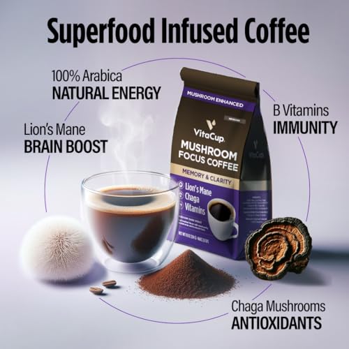VitaCup Focus Mushroom Coffee Grounds, with Lions Mane, Chaga, B Vitamins, D3, Boost Focus, Immunity, Memory & Clarity, Medium Dark Roast, Bold & Smooth 100% Arabica Specialty, 10 Oz - Image 4