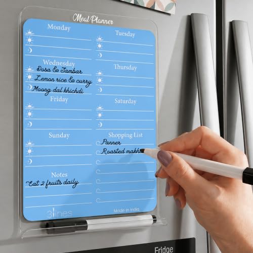Image of 3 Lines ClearBite Acrylic Magnetic Meal Planner Board | Sleek & durable | Includes Marker & Duster | 24x16 CM | Perfect for Meal Planning, Shopping Lists, Notes | Ideal for Home, Office | Blueberry
