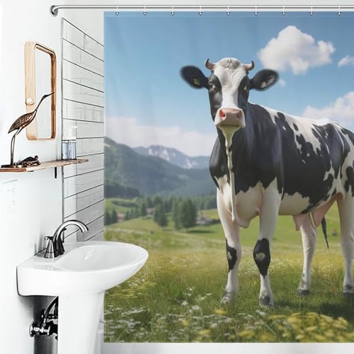Rideau de douche polyester imperméable 183x183cm lavable motif vache avec crochets - 6