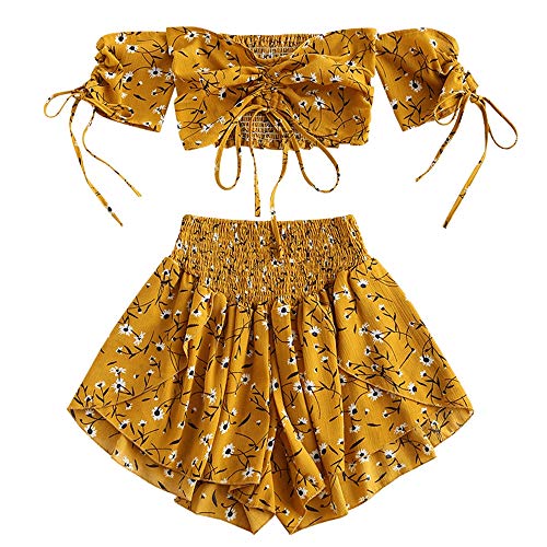 ZAFUL - Conjunto de pantalón corto y pantalón corto para mujer (espalda descubierta, con cordón, 2 piezas, espalda descubierta, con cierre de cordón, parte superior corta y pantalón corto) amarillo S
