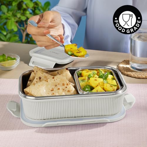 Image of Larah by BOROSIL Freshbyte Stainless Steel Lunch Box | 800 ml + 200 ml Rectangle Container Set | Airtight, Dishwasher Safe Tiffin | Portable Kids Tiffin | 1 Year Warranty | Grey