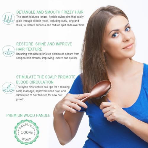 FLYZIBET Hair Bristle Brush, Boar Bristle Hair Brush, Detangling Hair Brush for All Hair Types, Restore Shine And Texture Benefit for Women Mens and Kid, 1 Scalp Massager Included - Image 3
