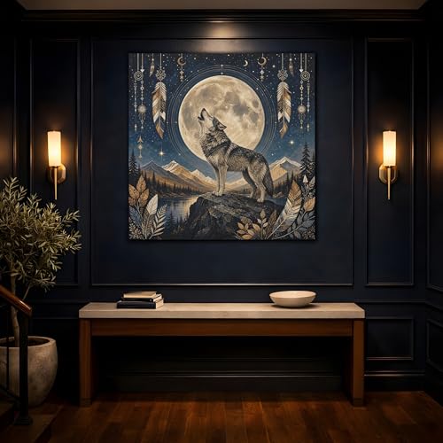 Tableau loup lune sur toile canvas premium 50x50 cm