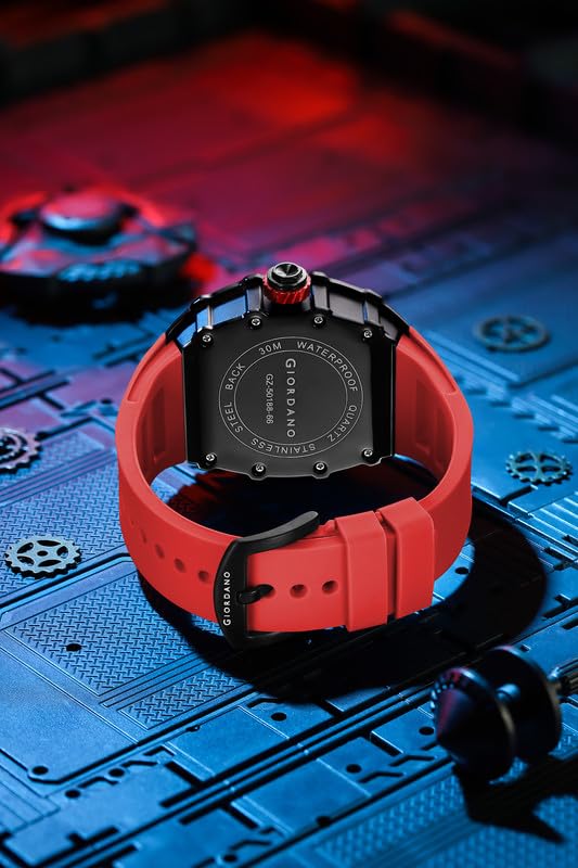 Image of Giordano Analog Skeleton Dial Watch for Men - Tonneau Case, Silicone Strap, Open-Gear Sport Design, Quartz Movement