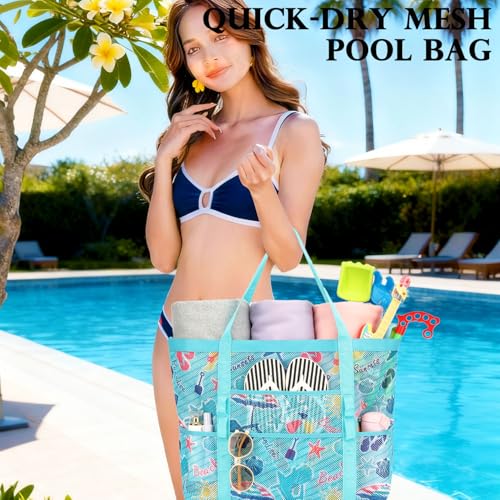 Image of Fammart Mesh Beach Bag for Women, Large Beach Toy Pool Bag with Zipper Pocket, SandProof Cruise Essentials 2026 Family Travel