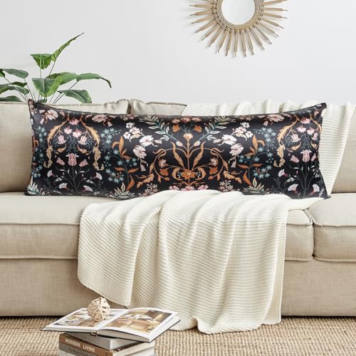 Image of Sweet Jojo Designs Black and Orange Satin Wildflower Floral for Hair Skin Body Pillow Cover Case Accent Decorative Couch Long Lumbar Throw Zipper 54x20 Bedroom Living Room Decor Dorm Soft Silky Shiny