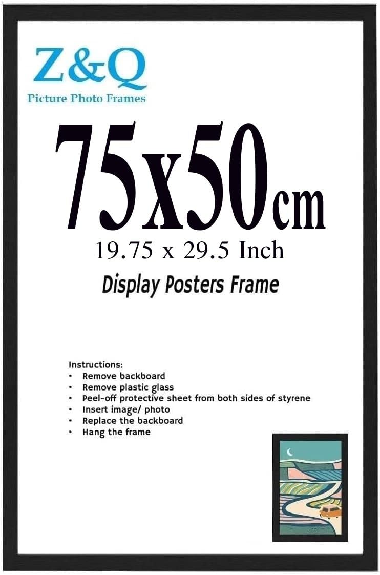 Z&Q Wall Display Pictures Posters Photo Frame Black - 75cm x 50cm Crystal Clear Front MDF Backing With Both Ways Hanging Hooks - Home Office Use